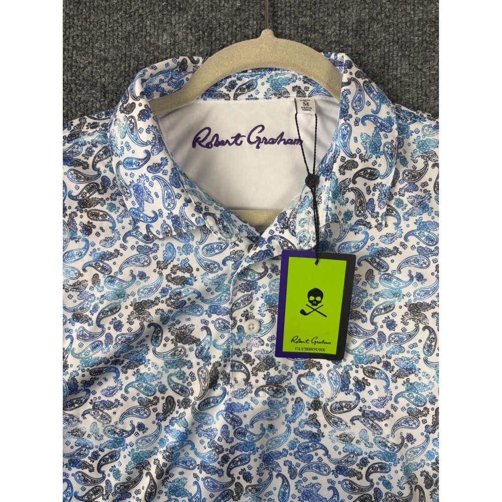 NWT Robert Graham Polo Shirt Mens Medium White Blue Paisley Shark Bait Golf - Picture 2 of 8